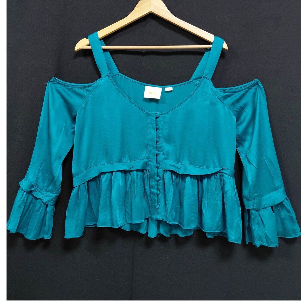 Maeve Blue Viscose Long Sleeve V-Neck Cold Shoulder Peplum Blouse Women Size M